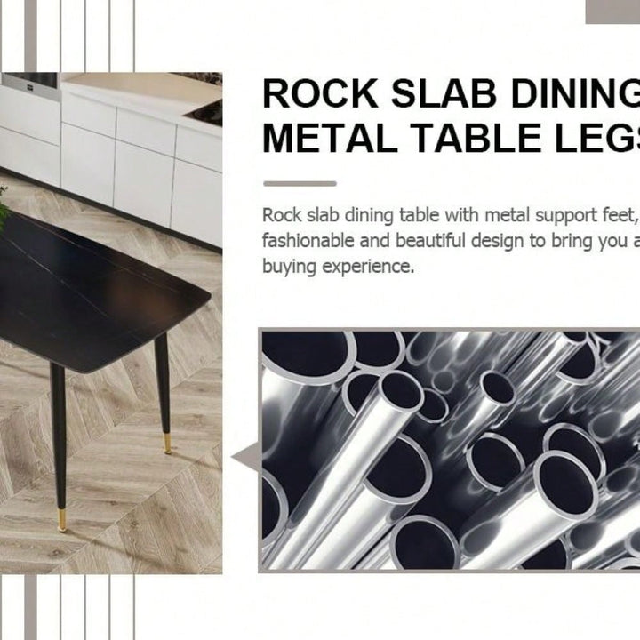 Black Sintered Stone Tabletop With Golden Stripe Pattern, Black Metal Legs Dining Image 6