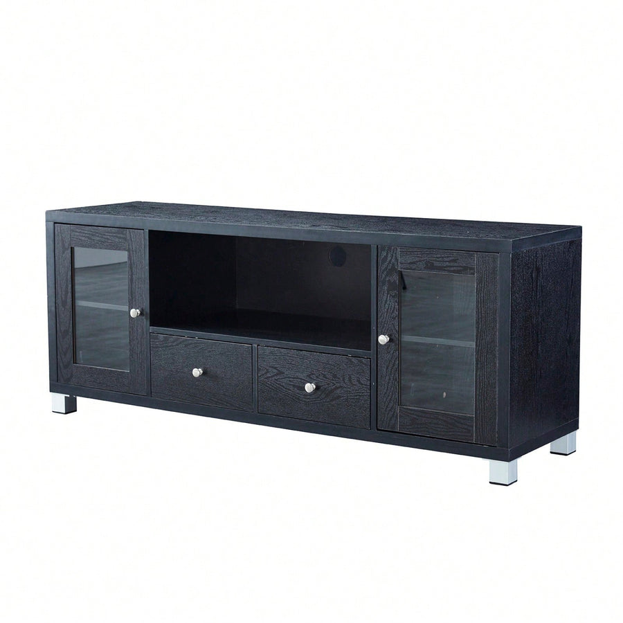 Black Wood Grain Media Console TV Stand with Storage Cabinet and Tempered Glass Door for Living Room and Bedroom Image 1