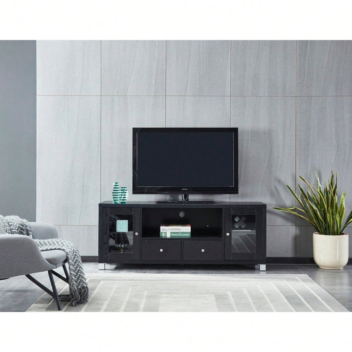 Black Wood Grain Media Console TV Stand with Storage Cabinet and Tempered Glass Door for Living Room and Bedroom Image 3