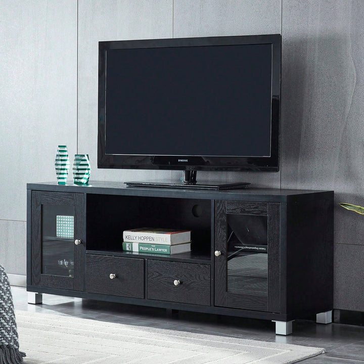 Black Wood Grain Media Console TV Stand with Storage Cabinet and Tempered Glass Door for Living Room and Bedroom Image 4