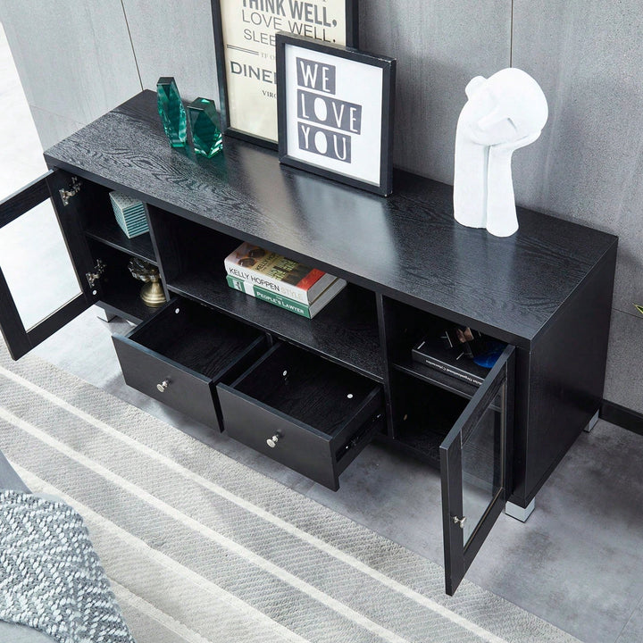 Black Wood Grain Media Console TV Stand with Storage Cabinet and Tempered Glass Door for Living Room and Bedroom Image 5