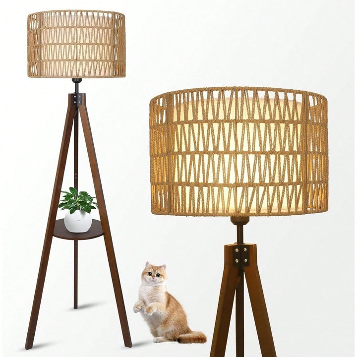 Bohemian Tripod Floor Lamp with Rattan and Fabric Shades 59 Inch Tall Modern Farmhouse Light with Shelves and Foot Image 1