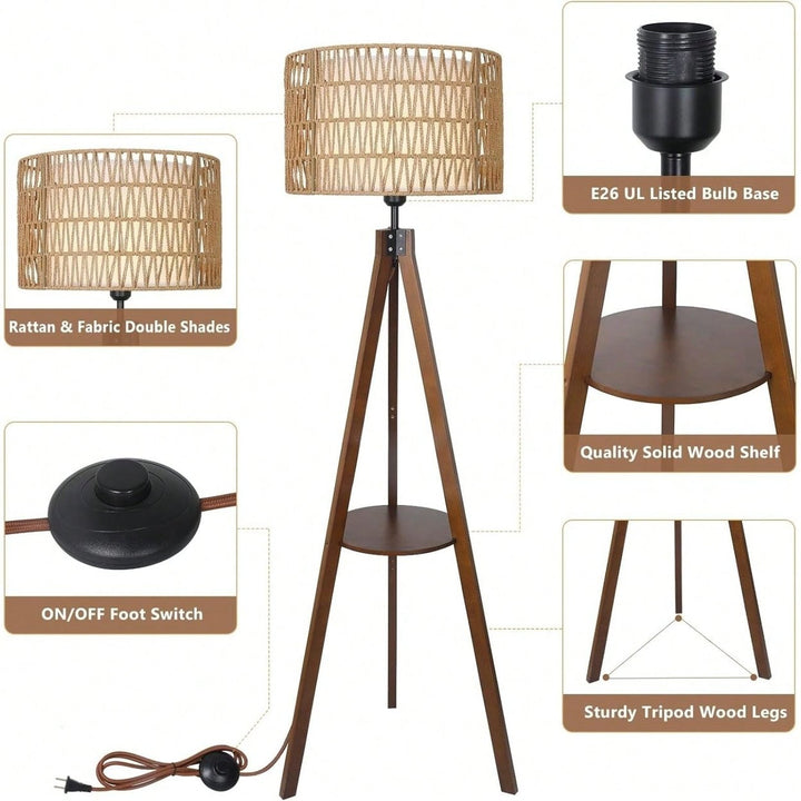 Bohemian Tripod Floor Lamp with Rattan and Fabric Shades 59 Inch Tall Modern Farmhouse Light with Shelves and Foot Image 2