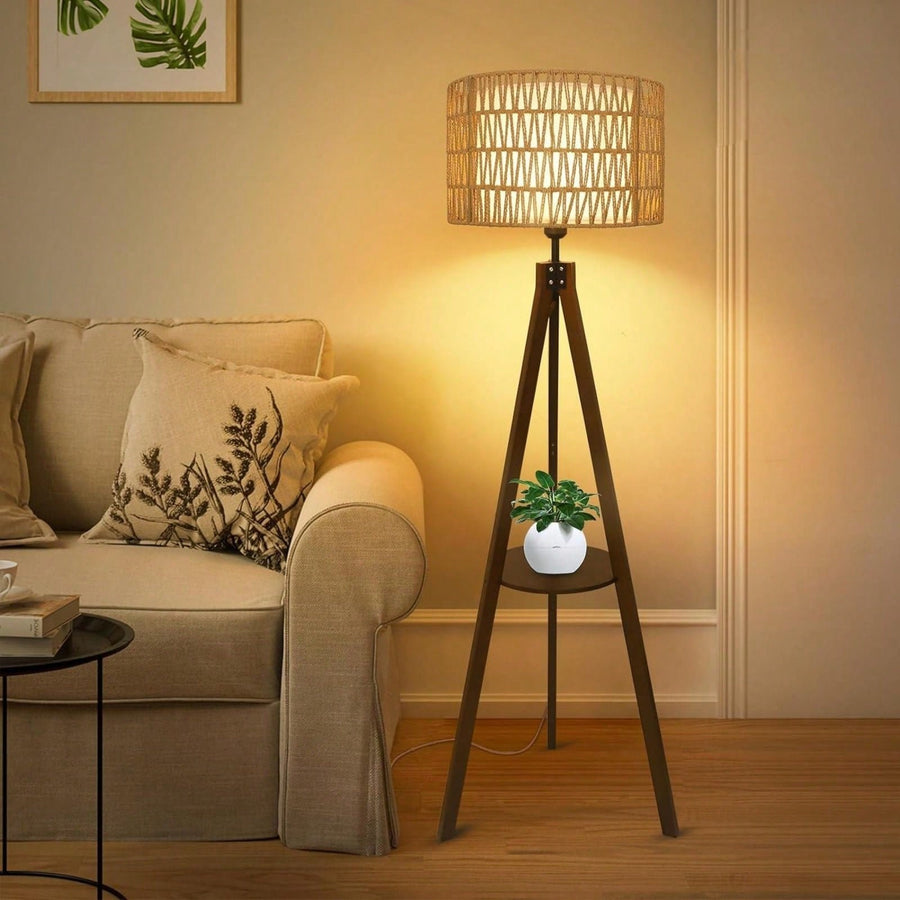 Bohemian Tripod Floor Lamp with Rattan and Fabric Shades 59 Inch Tall Modern Farmhouse Light with Shelves and Foot Image 3