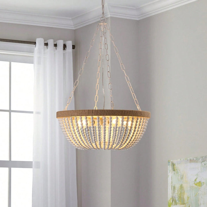 Bohemian Wood Beaded Chandelier in Oak White - Elegant Soft Lighting for Luxury Home or Image 1