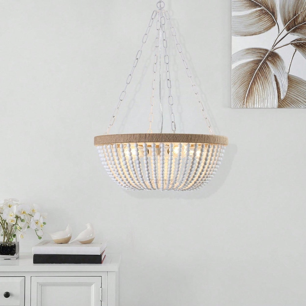 Bohemian Wood Beaded Chandelier in Oak White - Elegant Soft Lighting for Luxury Home or Image 2