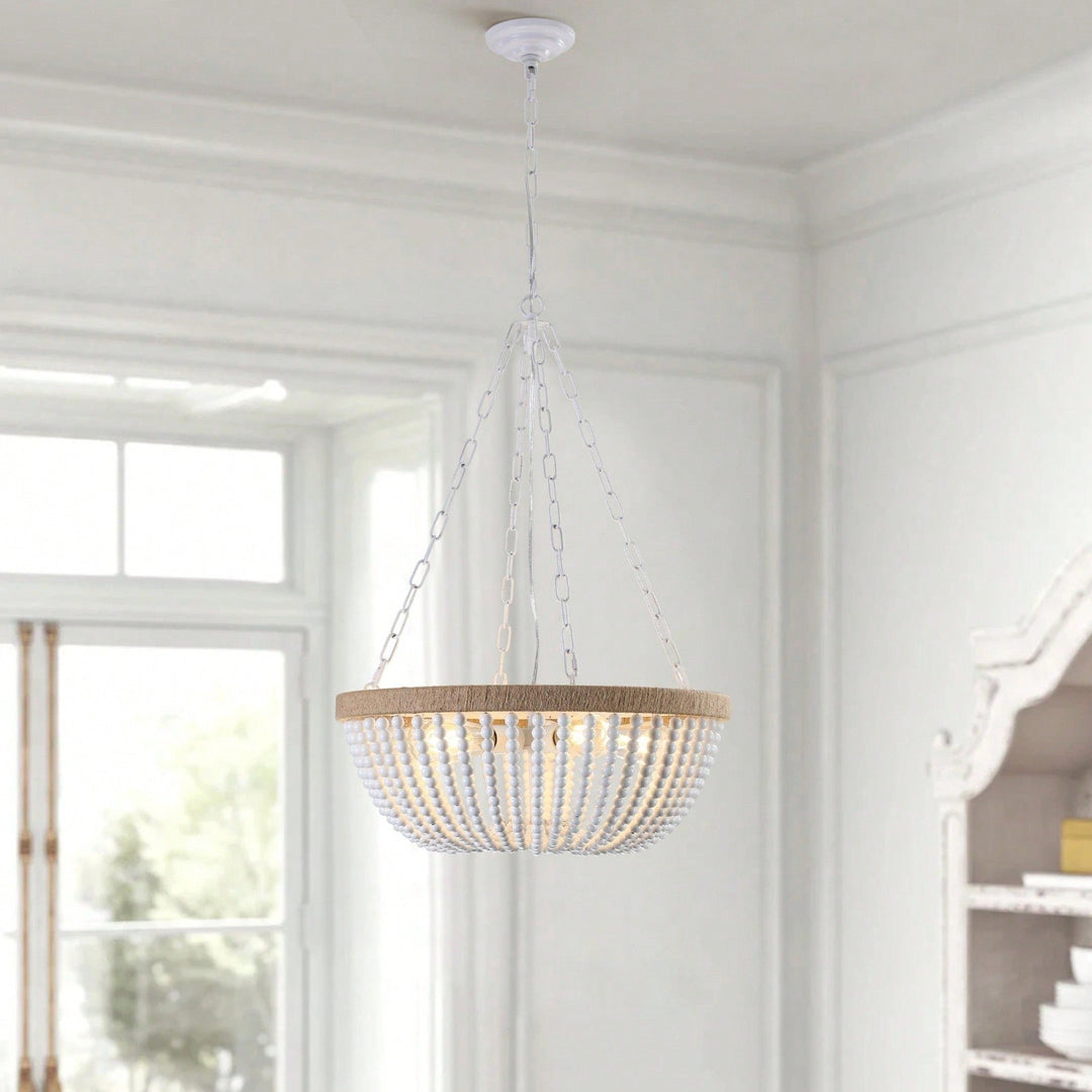 Bohemian Wood Beaded Chandelier in Oak White - Elegant Soft Lighting for Luxury Home or Image 3