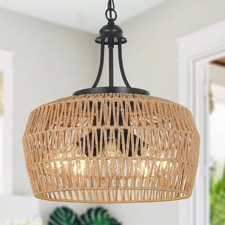 Boho 5-Light Rattan Chandelier with Wicker Shade for Kitchen Island Bedroom Living Room Nursery Image 1