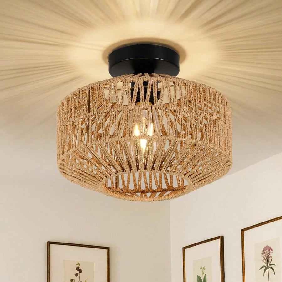 Boho Hand Woven Rattan Chandelier Dimmable LED Flush Mount Light for Hallway Bedroom Kitchen Living Room Image 1