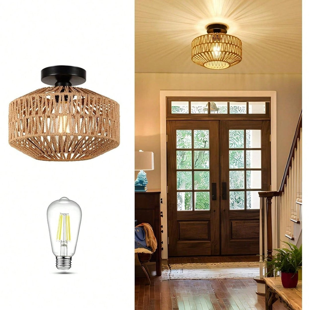 Boho Hand Woven Rattan Chandelier Dimmable LED Flush Mount Light for Hallway Bedroom Kitchen Living Room Image 3