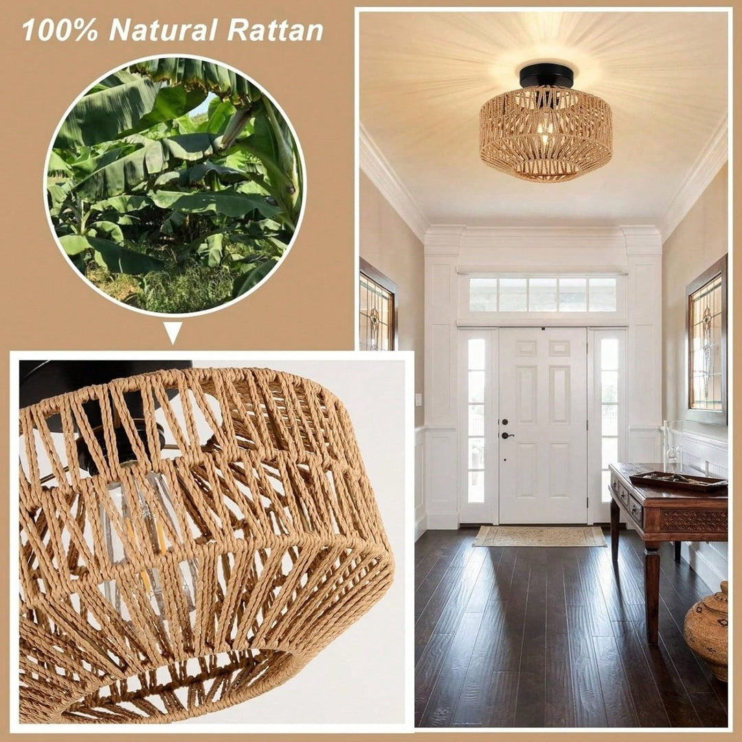 Boho Hand Woven Rattan Chandelier Dimmable LED Flush Mount Light for Hallway Bedroom Kitchen Living Room Image 4