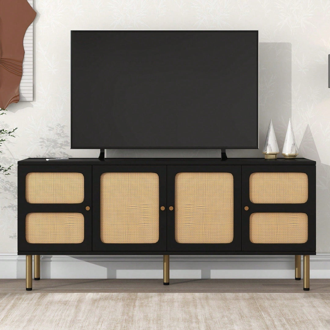 Boho 70 Inch TV Stand with Rattan Doors Mid Century Modern Console Table Gold Base Adjustable Shelves for Living Room Image 8