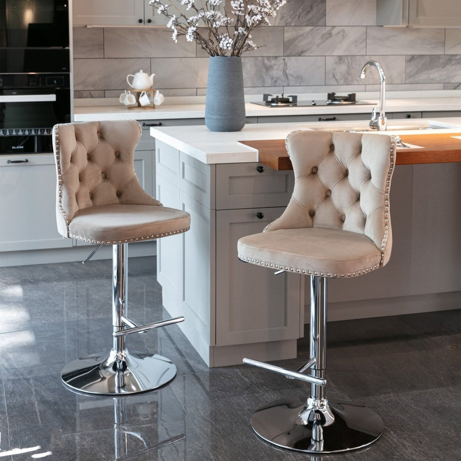 Adjustable Swivel Velvet Barstools with Chrome Base, Modern Upholstered Comfort, Tufted Back, 25-33 Inch Seat Height, Image 1