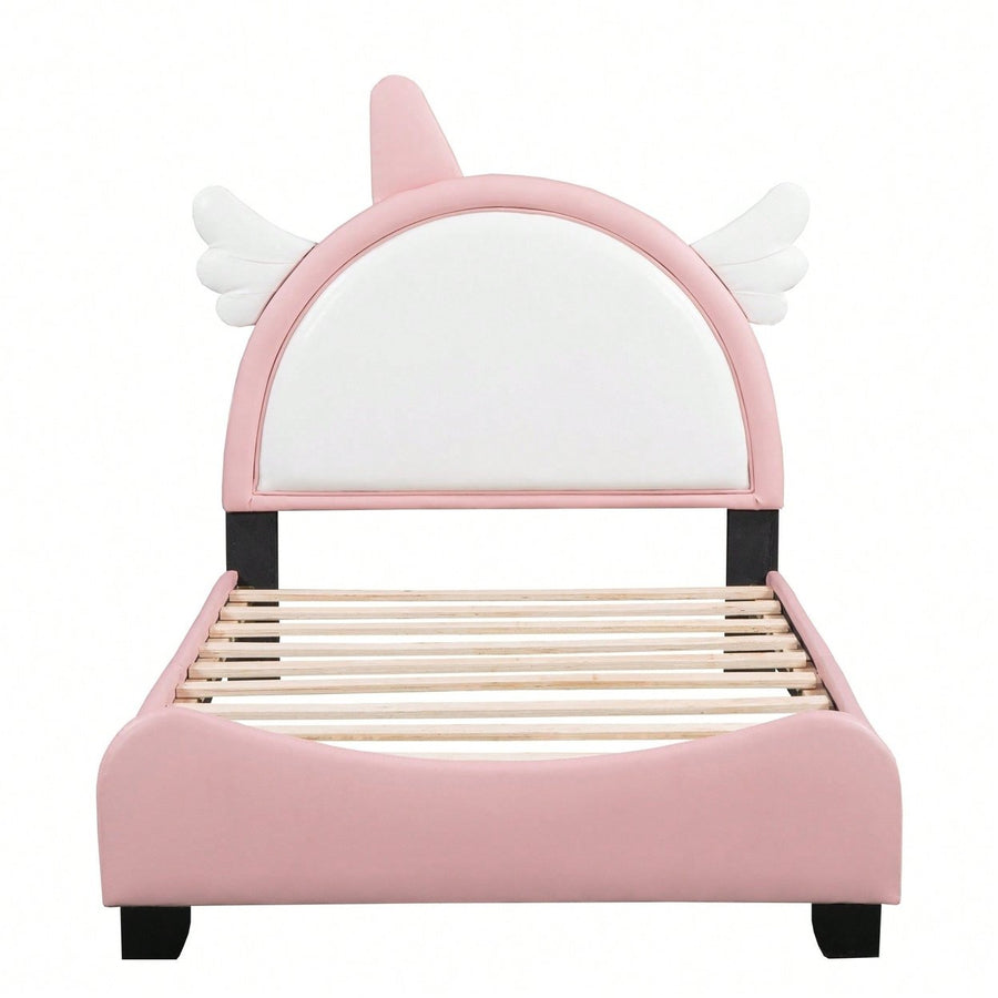 Adorable Twin Size Upholstered Bed With Unicorn Headboard And Footboard In White And Pink Image 1