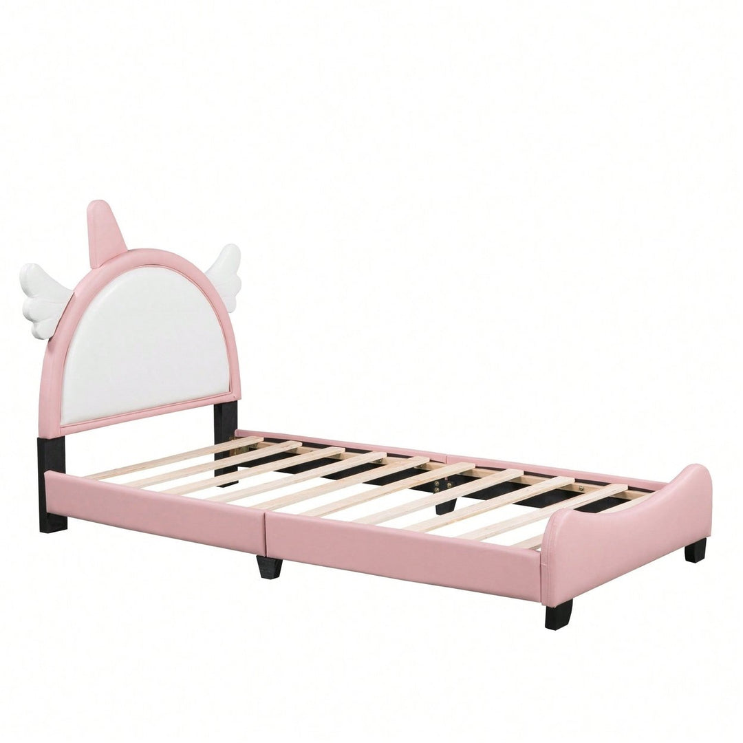 Adorable Twin Size Upholstered Bed With Unicorn Headboard And Footboard In White And Pink Image 2