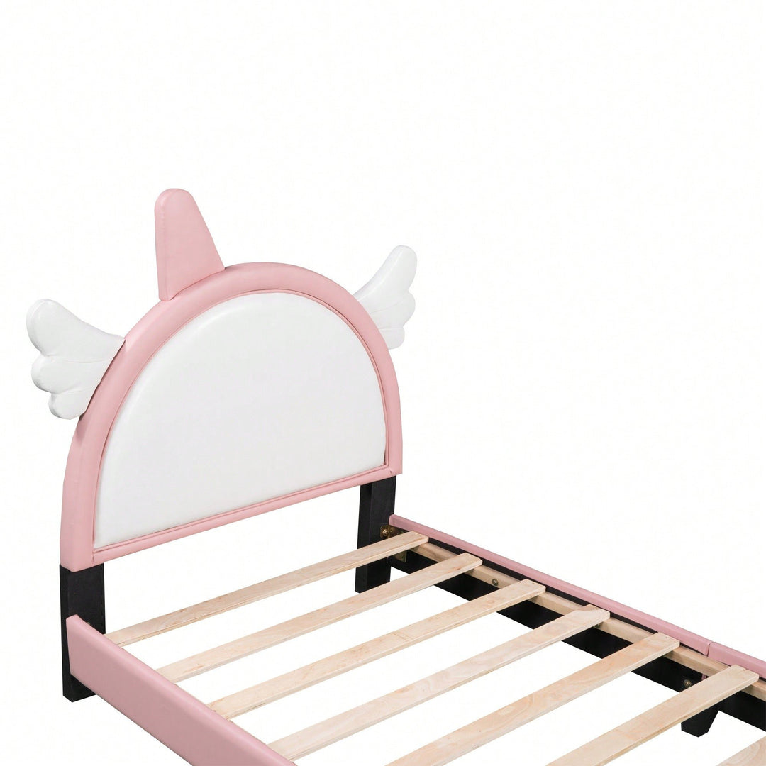 Adorable Twin Size Upholstered Bed With Unicorn Headboard And Footboard In White And Pink Image 4