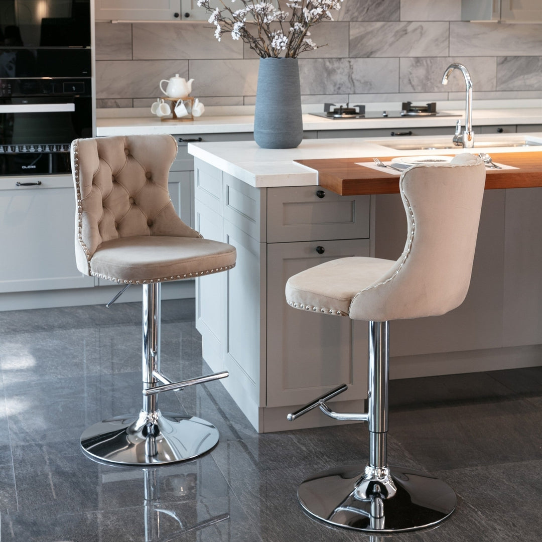 Adjustable Swivel Velvet Barstools with Chrome Base, Modern Upholstered Comfort, Tufted Back, 25-33 Inch Seat Height, Image 11