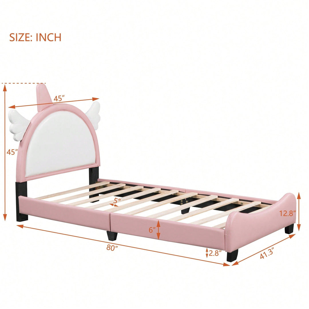 Adorable Twin Size Upholstered Bed With Unicorn Headboard And Footboard In White And Pink Image 6