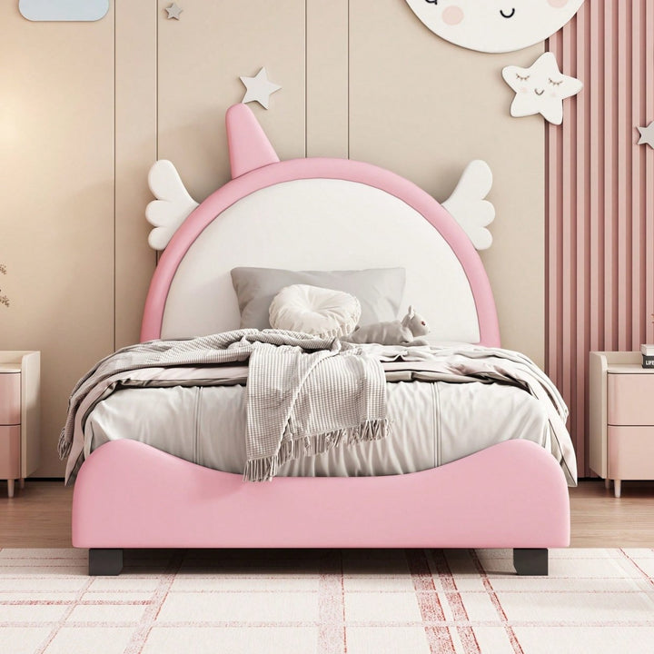 Adorable Twin Size Upholstered Bed With Unicorn Headboard And Footboard In White And Pink Image 7