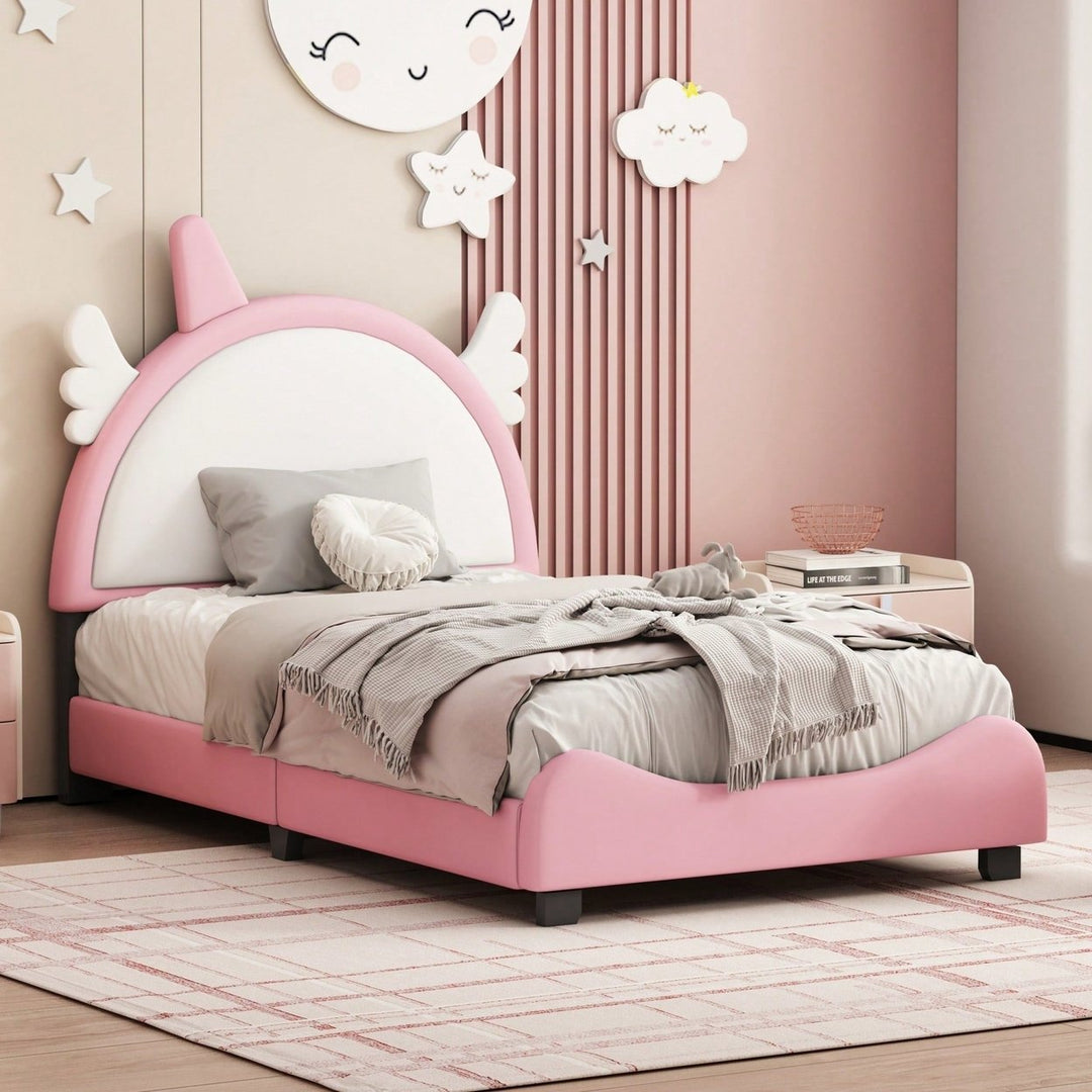 Adorable Twin Size Upholstered Bed With Unicorn Headboard And Footboard In White And Pink Image 8