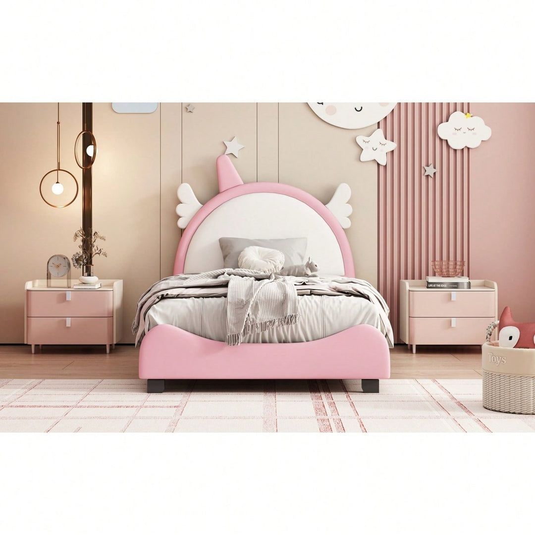 Adorable Twin Size Upholstered Bed With Unicorn Headboard And Footboard In White And Pink Image 9