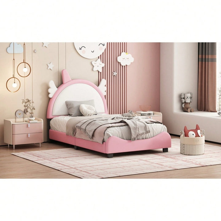 Adorable Twin Size Upholstered Bed With Unicorn Headboard And Footboard In White And Pink Image 10