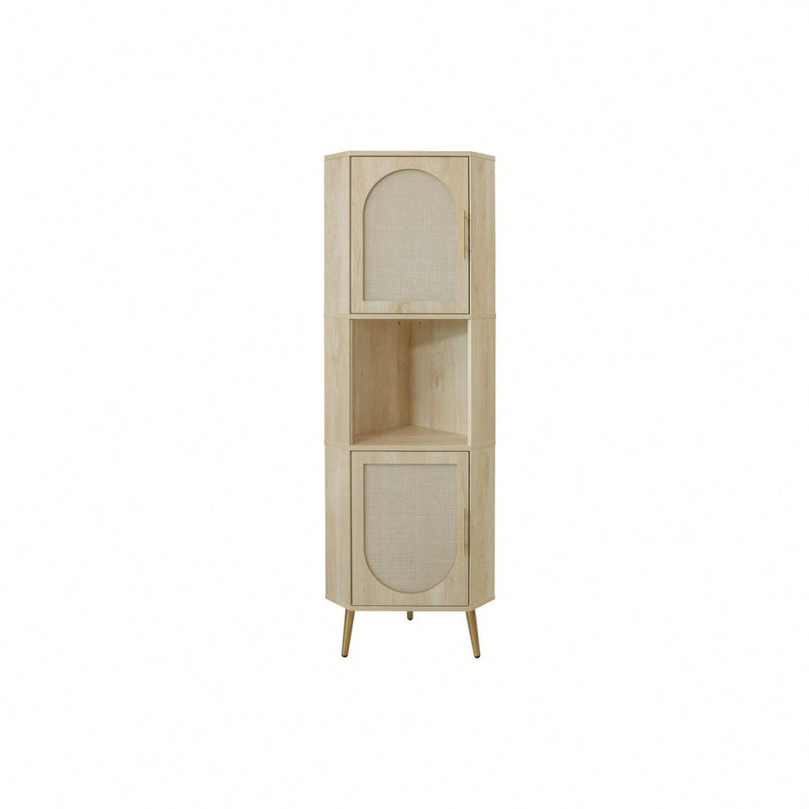 Anti-Dumping Corner Cabinet with Rattan Doors for Safe Storage in Small Spaces Image 1