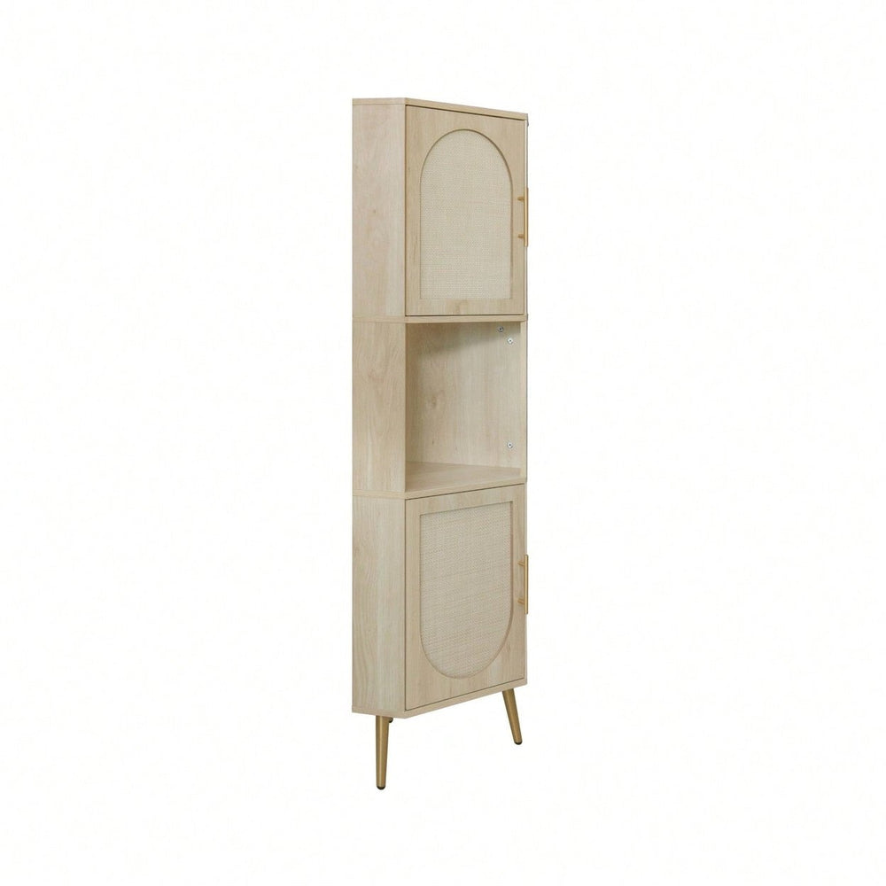 Anti-Dumping Corner Cabinet with Rattan Doors for Safe Storage in Small Spaces Image 2