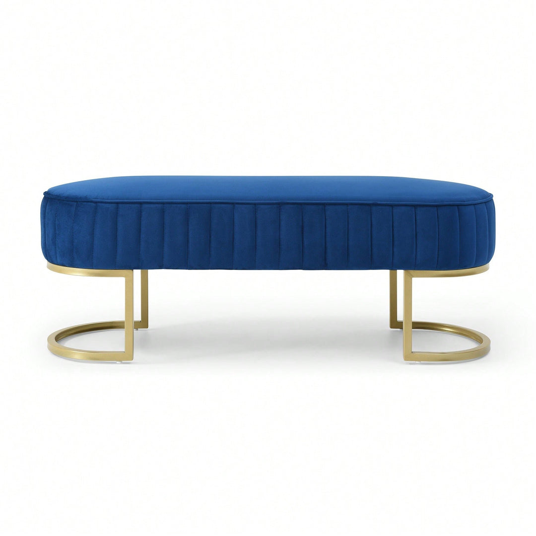 Chic Velvet Oval Upholstered Bench With Gold Metal Legs  48" Modern Storage Ottoman For Bedroom, Living Room, Or Image 1