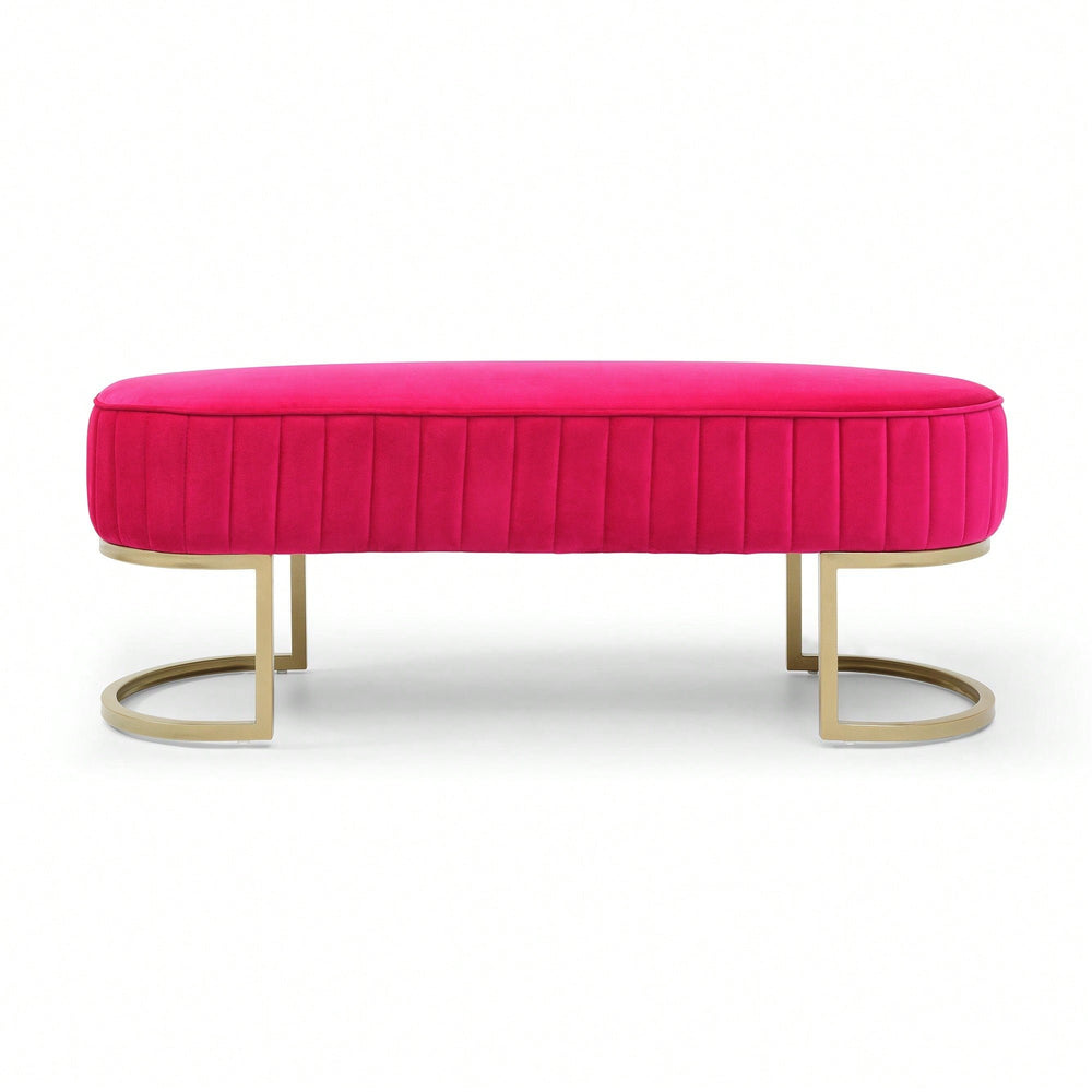 Chic Velvet Oval Upholstered Bench With Gold Metal Legs  48" Modern Storage Ottoman For Bedroom, Living Room, Or Image 2