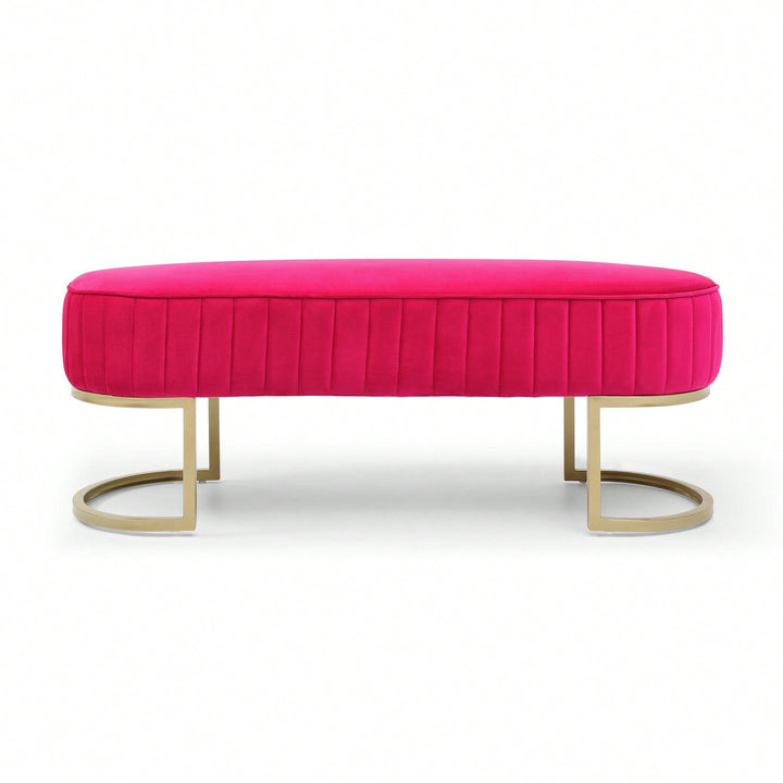 Chic Velvet Oval Upholstered Bench With Gold Metal Legs  48" Modern Storage Ottoman For Bedroom, Living Room, Or Image 1