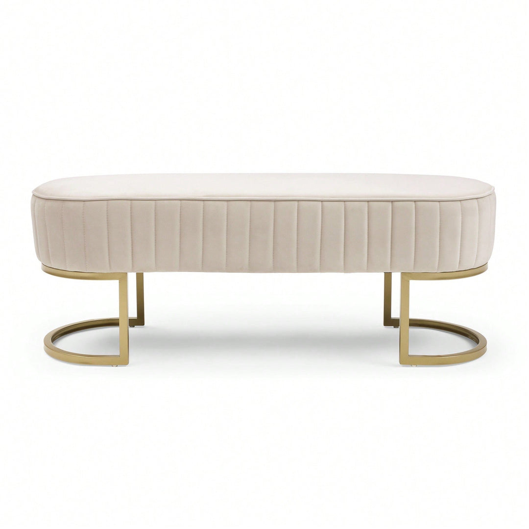 Chic Velvet Oval Upholstered Bench With Gold Metal Legs  48" Modern Storage Ottoman For Bedroom, Living Room, Or Image 3