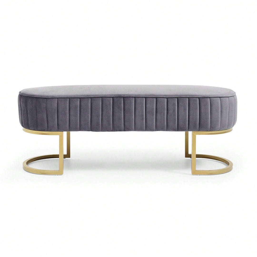 Chic Velvet Oval Upholstered Bench With Gold Metal Legs  48" Modern Storage Ottoman For Bedroom, Living Room, Or Image 4