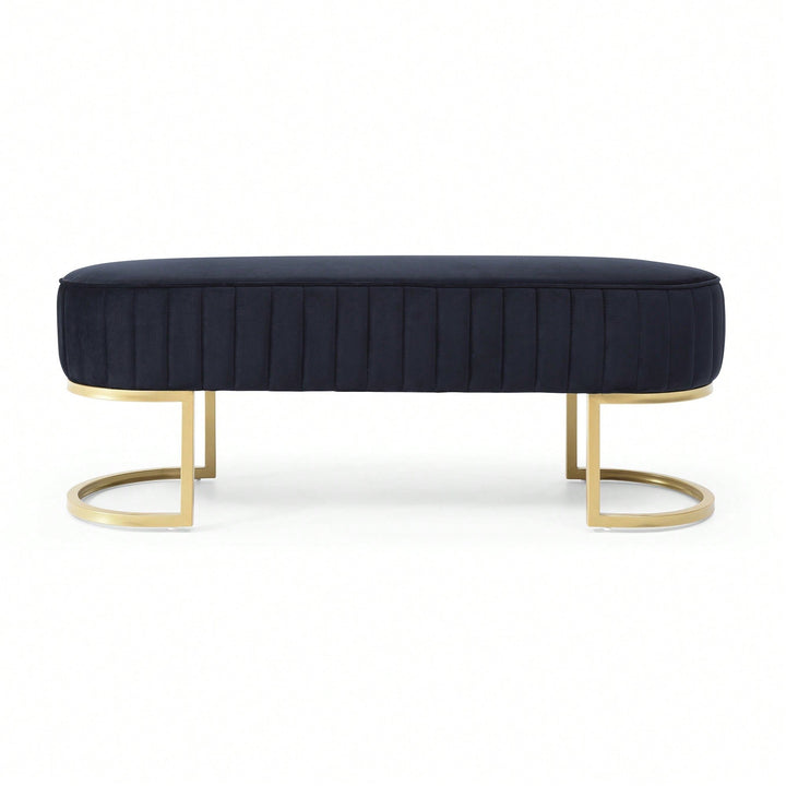 Chic Velvet Oval Upholstered Bench With Gold Metal Legs  48" Modern Storage Ottoman For Bedroom, Living Room, Or Image 1