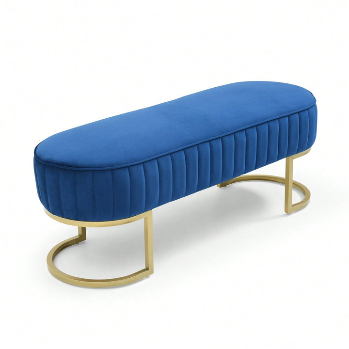 Chic Velvet Oval Upholstered Bench With Gold Metal Legs  48" Modern Storage Ottoman For Bedroom, Living Room, Or Image 6