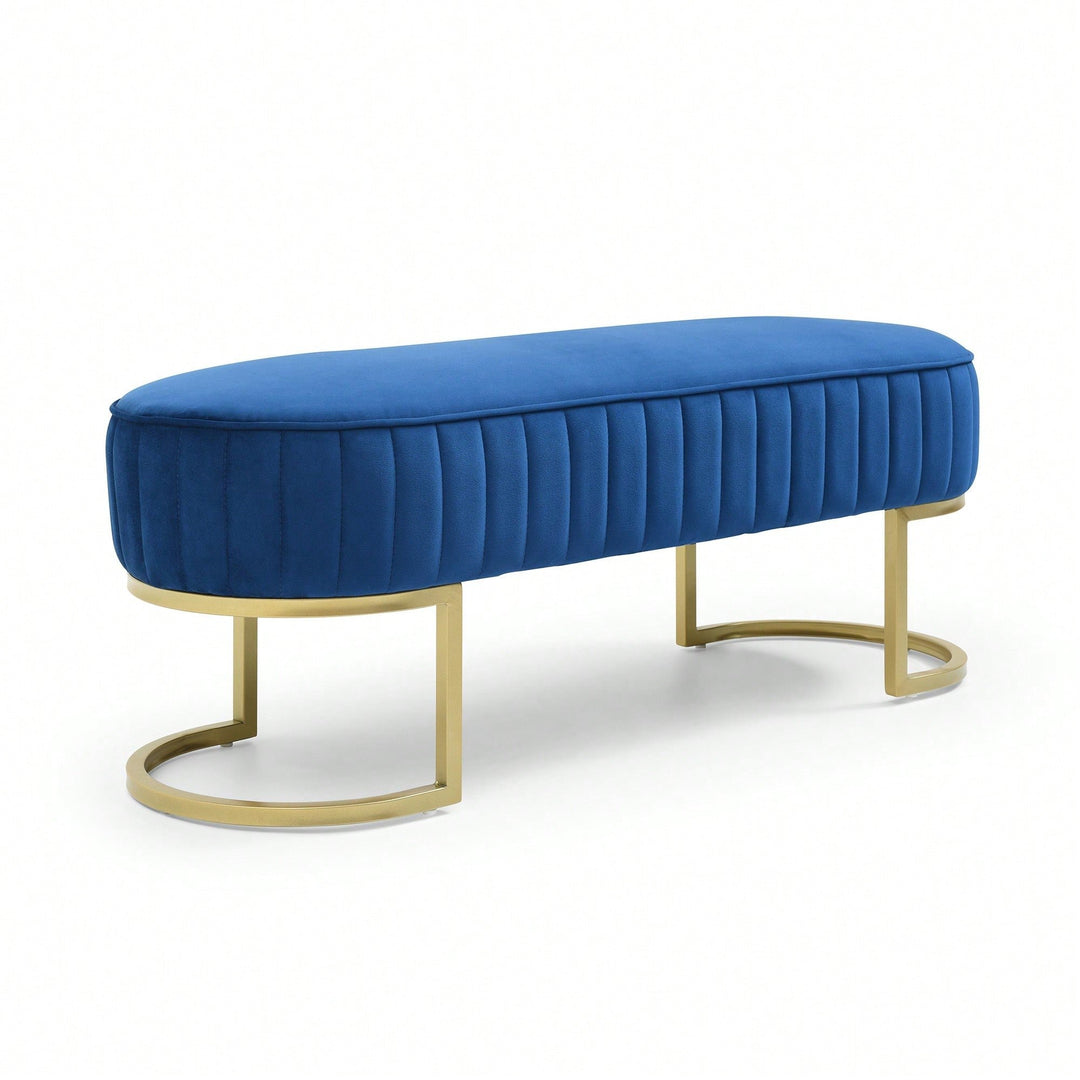 Chic Velvet Oval Upholstered Bench With Gold Metal Legs  48" Modern Storage Ottoman For Bedroom, Living Room, Or Image 7