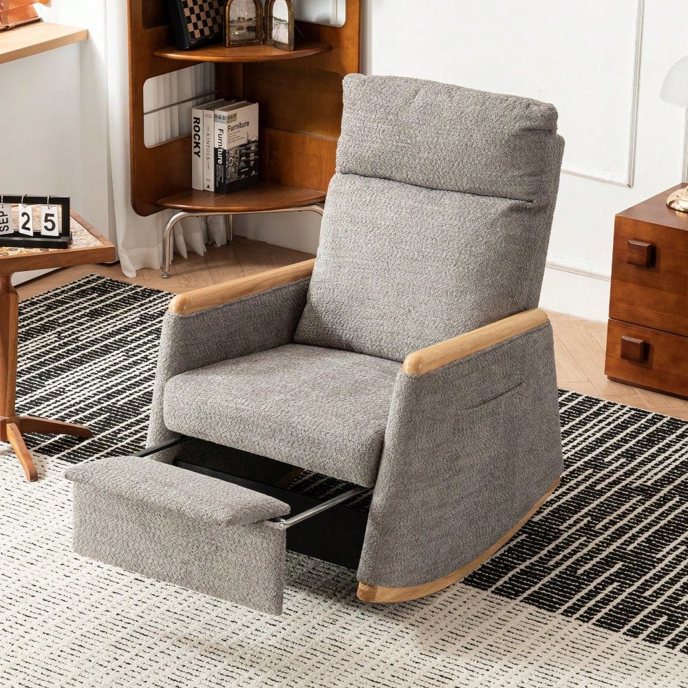 Comfortable High Back Upholstered Rocking Chair With Footrest And Side Pocket For Living Room Nursery Bedroom Image 3