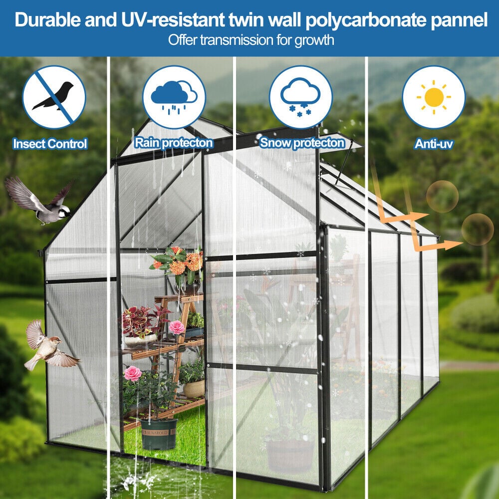 6x8 FT Polycarbonate Greenhouse Raised Base and Anchor Aluminum Heavy Duty Image 4