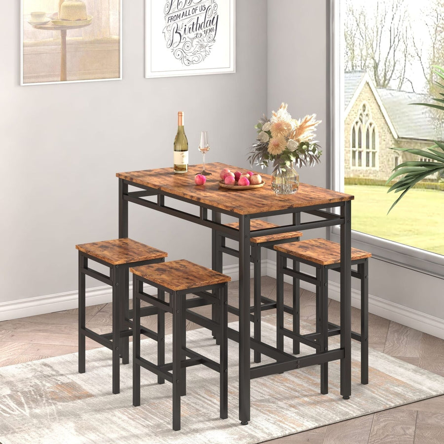 5PC Rustic Brown Industrial Style Bar Table Set with High Stools Image 1