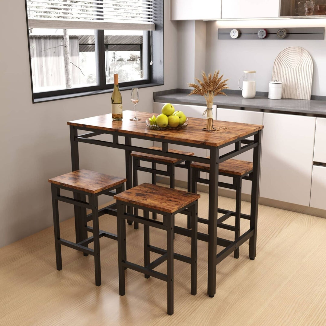 5PC Rustic Brown Industrial Style Bar Table Set with High Stools Image 3