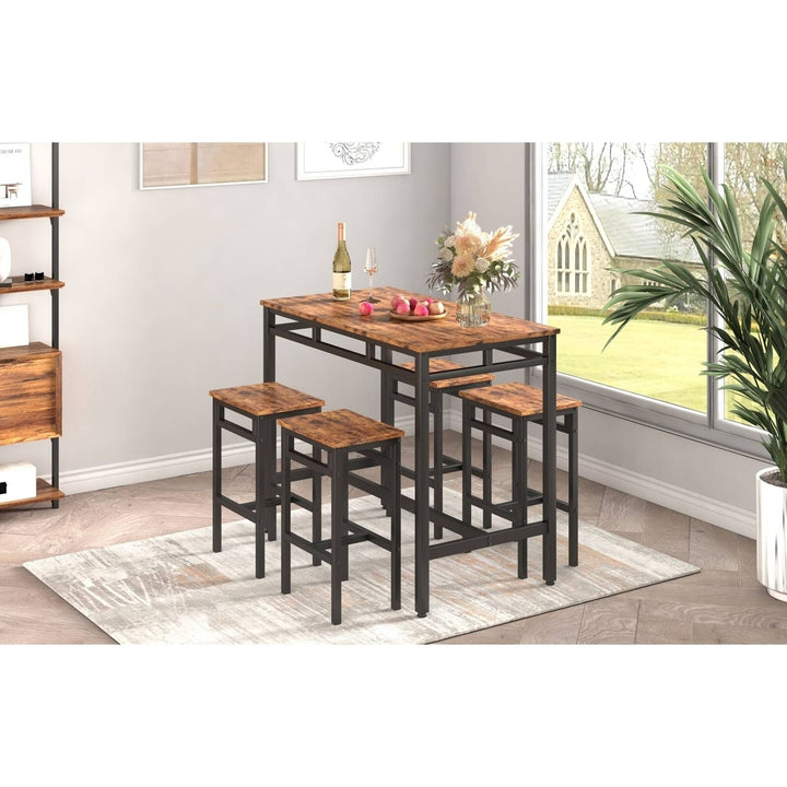 5PC Rustic Brown Industrial Style Bar Table Set with High Stools Image 7