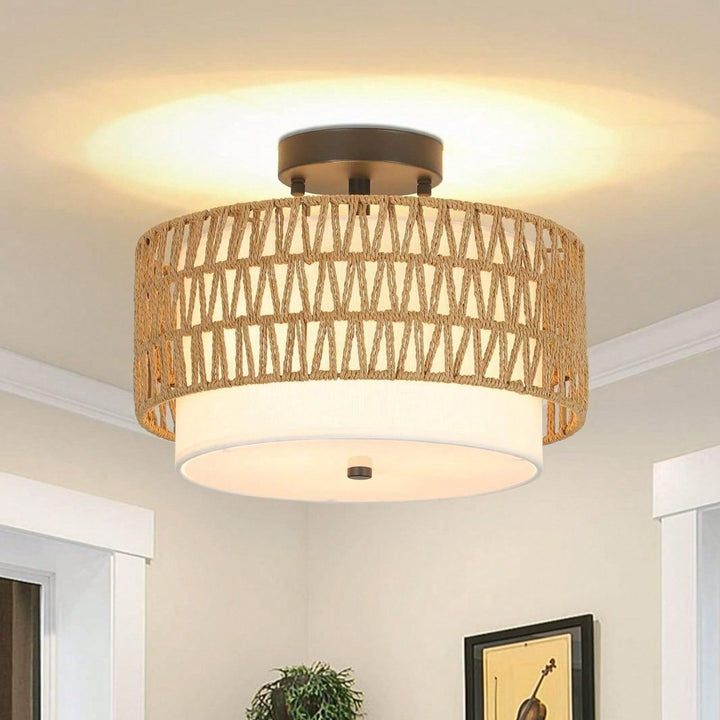 Boho Rattan Semi Flush Mount Ceiling Light Fixture for Farmhouse Bedroom Dining Room Foyer Kitchen Hallway Image 1