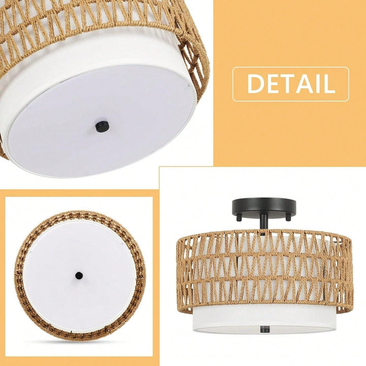 Boho Rattan Semi Flush Mount Ceiling Light Fixture for Farmhouse Bedroom Dining Room Foyer Kitchen Hallway Image 3