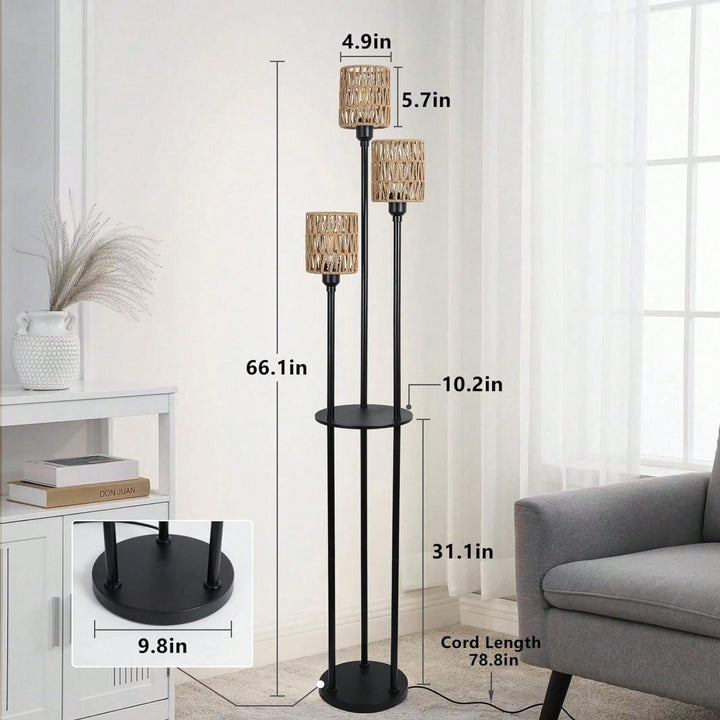 Boho Tall Floor Lamp with Shelves 3-Light Rustic Reading Lamp with Rattan Shades for Living Room Bedroom Office 67 Image 4