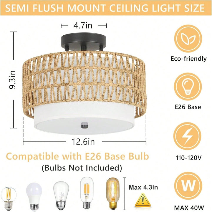 Boho Rattan Semi Flush Mount Ceiling Light Fixture for Farmhouse Bedroom Dining Room Foyer Kitchen Hallway Image 4