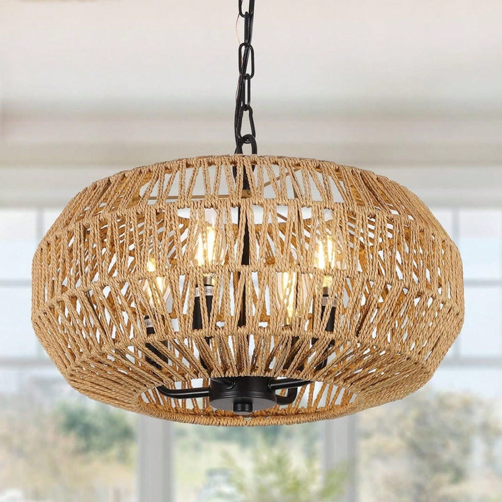 Boho Rattan Pendant Light 4-Light Hand Woven Basket Design Adjustable Height for Dining Room Kitchen Bedroom Foyer Image 4