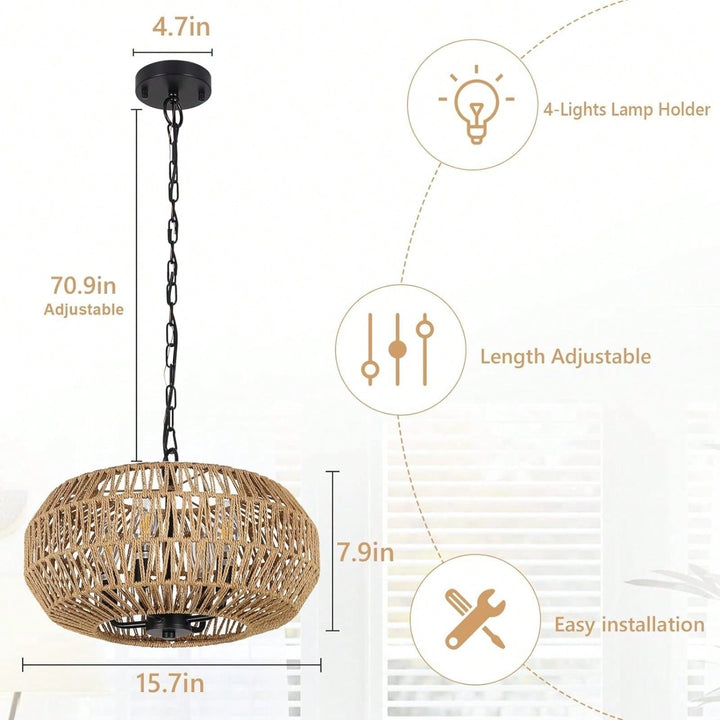 Boho Rattan Pendant Light 4-Light Hand Woven Basket Design Adjustable Height for Dining Room Kitchen Bedroom Foyer Image 5