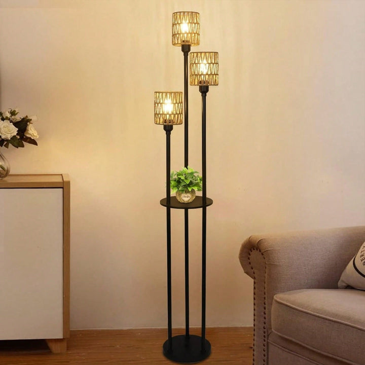 Boho Tall Floor Lamp with Shelves 3-Light Rustic Reading Lamp with Rattan Shades for Living Room Bedroom Office 67 Image 6