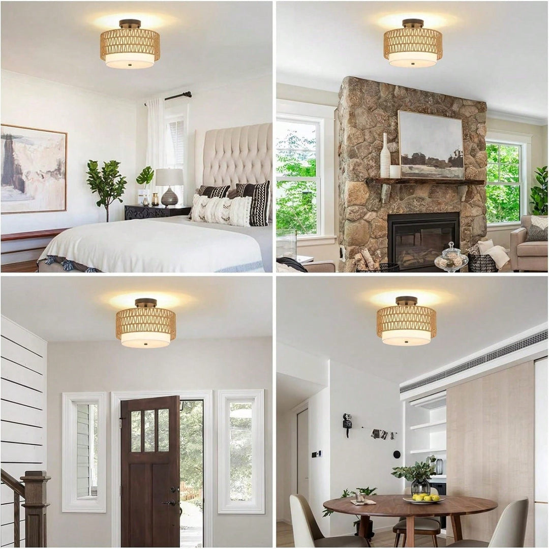 Boho Rattan Semi Flush Mount Ceiling Light Fixture for Farmhouse Bedroom Dining Room Foyer Kitchen Hallway Image 5