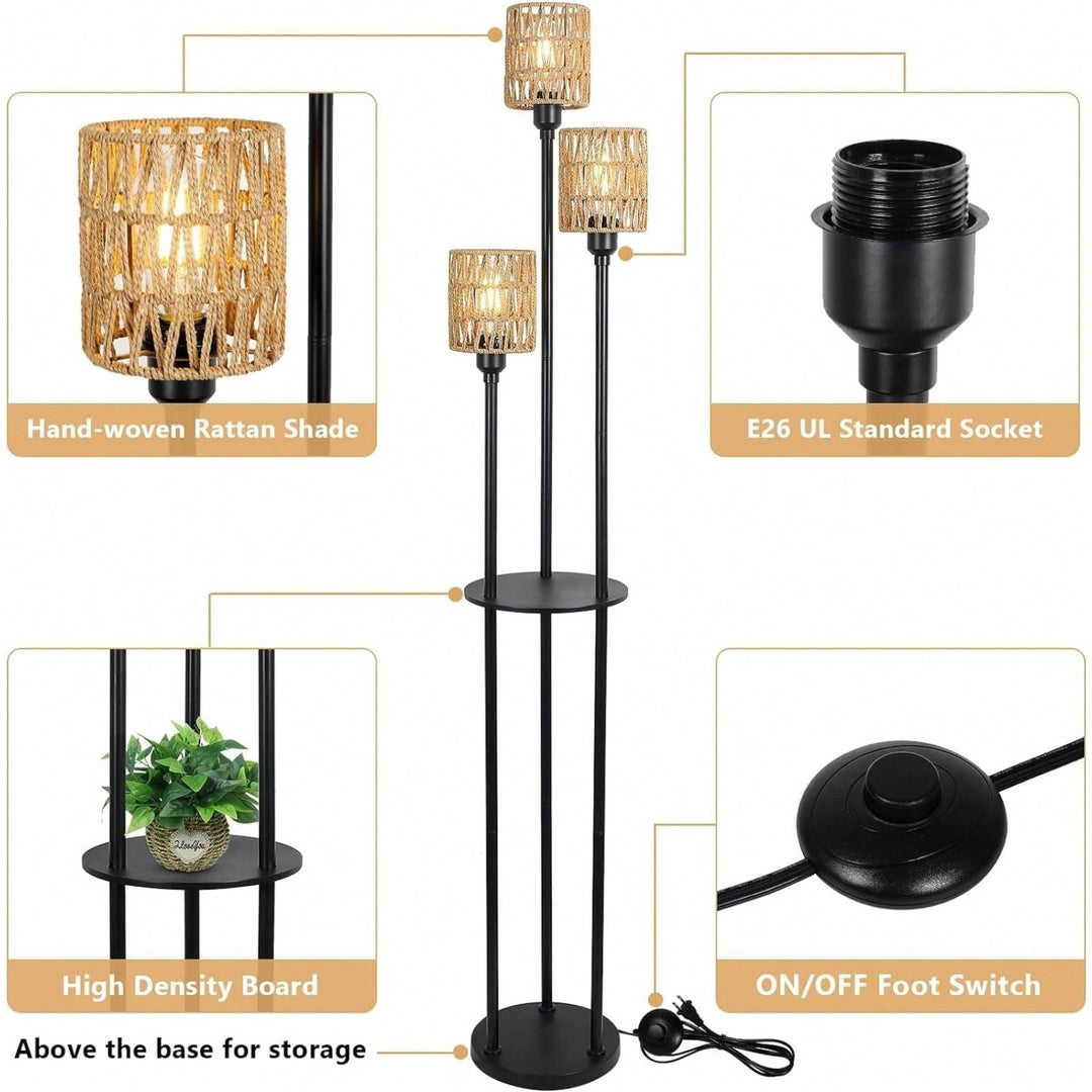 Boho Tall Floor Lamp with Shelves 3-Light Rustic Reading Lamp with Rattan Shades for Living Room Bedroom Office 67 Image 7